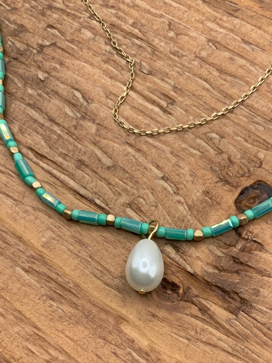 Plunder Jewelry - Plunder Design Double Gold Tone Chain Turquoise Beaded Pearl Pendant Necklace